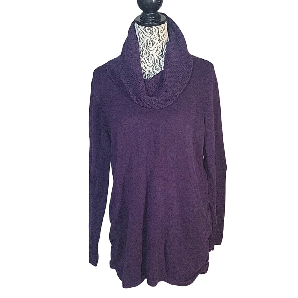 Cowl Neck Tunic Top Long Sleeve Knit Pullover Sweater Purple Size